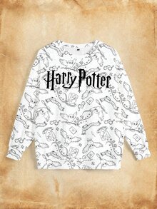 HARRY POTTER X SHEIN Sweatshirt Wanita Ukuran Besar dengan Motif Huruf, Kasual, dan Kerah Bulat untuk Sehari-hari - Putih - View 5