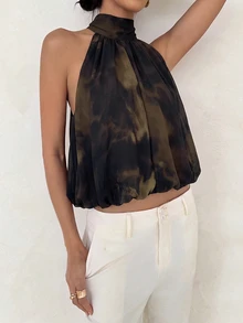 Aloruh Boho Vacation Sexy Hot Girl Halter Neck Chiffon Leopard Print Women's Top - Brown - View 7