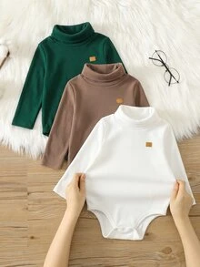 SHEIN 中性新生兒男嬰連身衣，純色保暖內裡加厚高領連身套裝，多件式，嬰兒秋冬裝 - 彩色 - 查看 3