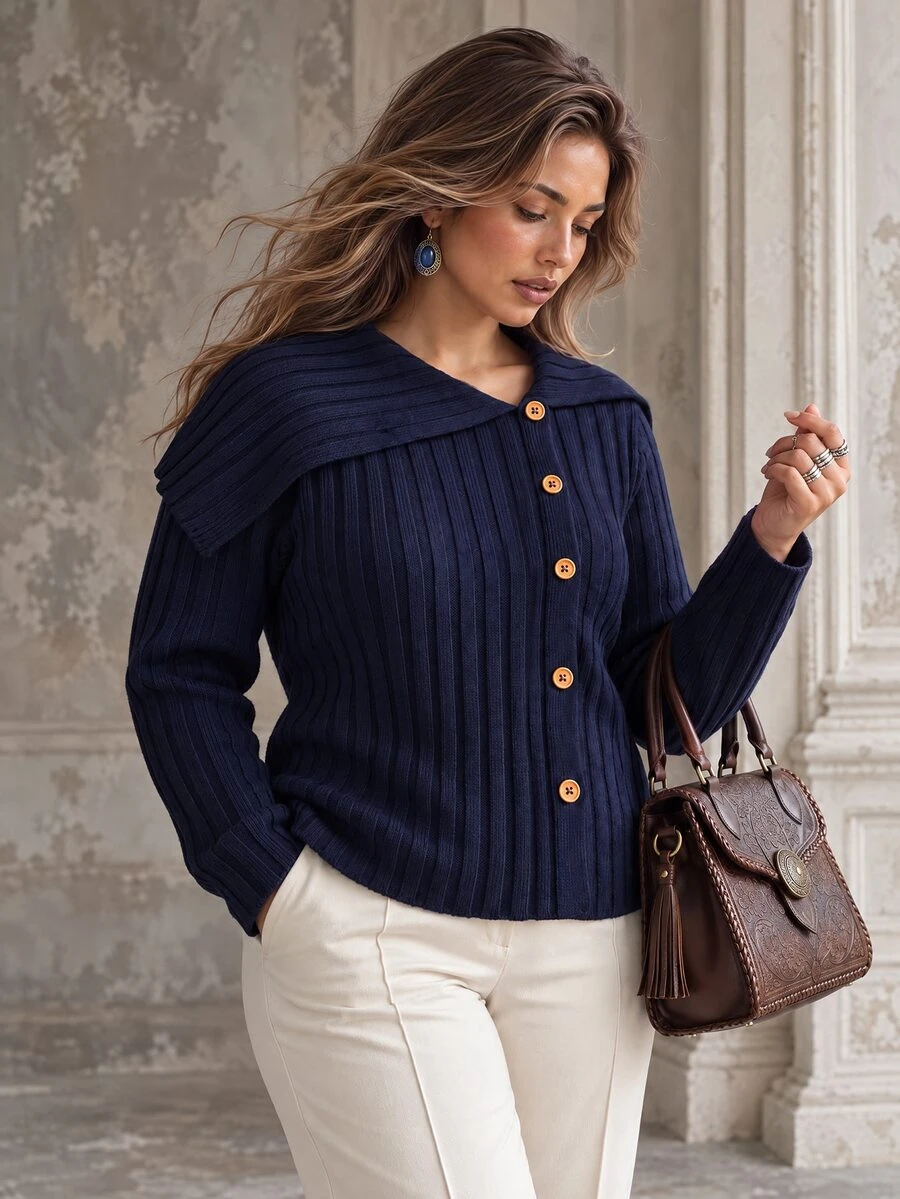 Ceyna Plus Size Women's Fashionable Lapel Ribbed Vintage Navy Blue Cardigan Sweater Casual Daily Autumn/Winter Outerwear Commute Versatile - Navy Blue - View 1