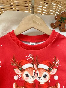 SHEIN Playful Pals 女嬰聖誕兩件套休閒套裝，可愛卡通馴鹿圖案紅色運動衫搭配聖誕樹印花長褲，節日休閒套裝 - 紅色 - 查看 8