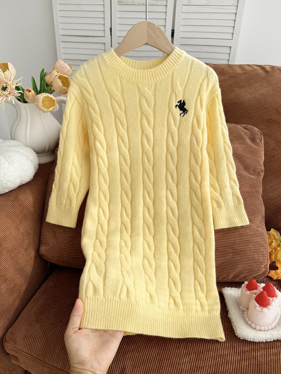 Young Girl Knight Embroidery Round Neck Long Sleeve Cable Knit Dress - Yellow - View 1