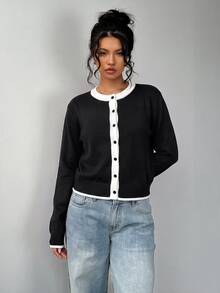 SHEIN BASICS Women's Korean Style Contrast Color Button Knit Thin Cardigan - Black - View 7