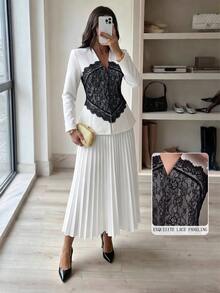 Modelyn New Woven Cardigan Long Sleeve Lace Patchwork Design Pleated Bottom Elegant Commute Fashion Versatile Long Women's 2 Pieces Set - White - View 6