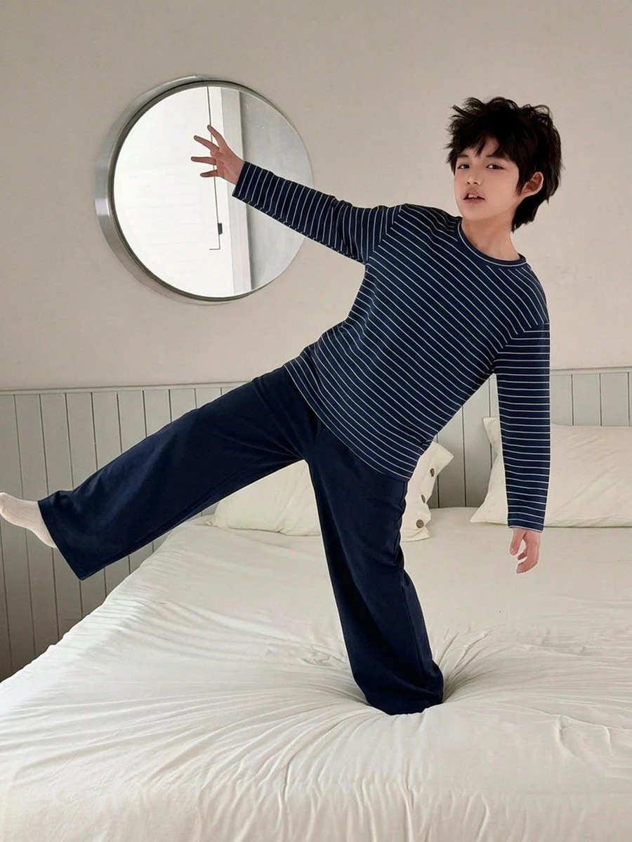 Dazy Kids Tween Boy Striped Long Sleeve Top And Pants Casual Daily Home Sleepwear Set - Navy Blue - View 1
