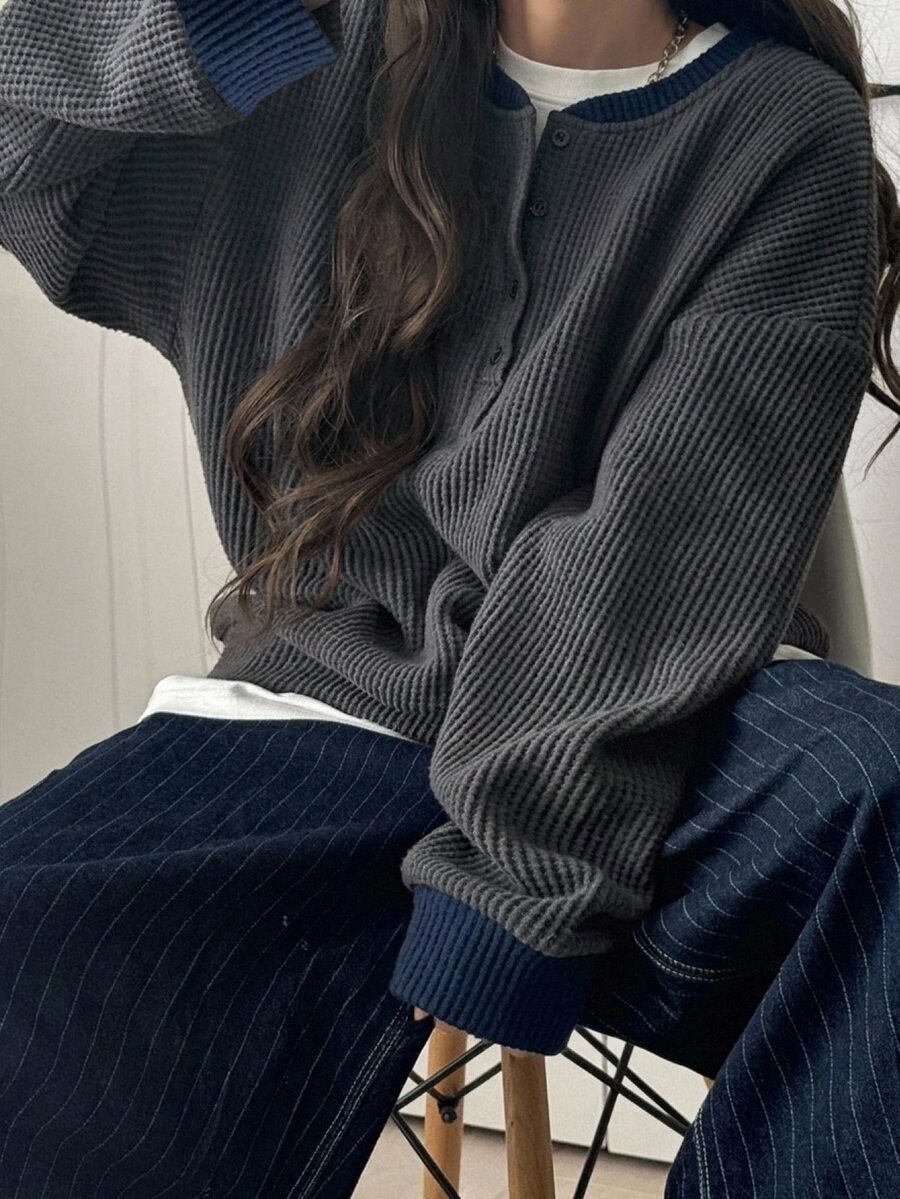 FRIFUL Women's Colorblock Dropped Shoulder Long Sleeve Button Half-Placket Casual Sweatshirt - Grey - View 1