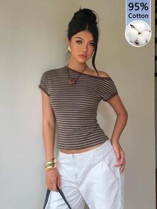 Aloruh 女款優雅休閒棕色條紋不對稱肩短袖修身 95%棉舒適T恤，初秋百搭棕色T恤 - 棕色 - 查看 6