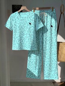 SHEIN EZwear 女款豹紋短袖T恤與抽繩腰長褲休閒套裝 - 綠色 - 查看 5