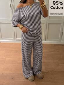 Siren Gaze Women's Striped Cold Shoulder Drop Sleeve T-Shirt And Long Pants Casual Set - Multicolor - View 7