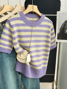 SHEIN Franclia 新款春夏韓系簡約休閒寬鬆條紋拼色女款針織上衣 - 淡紫色 - 查看 5