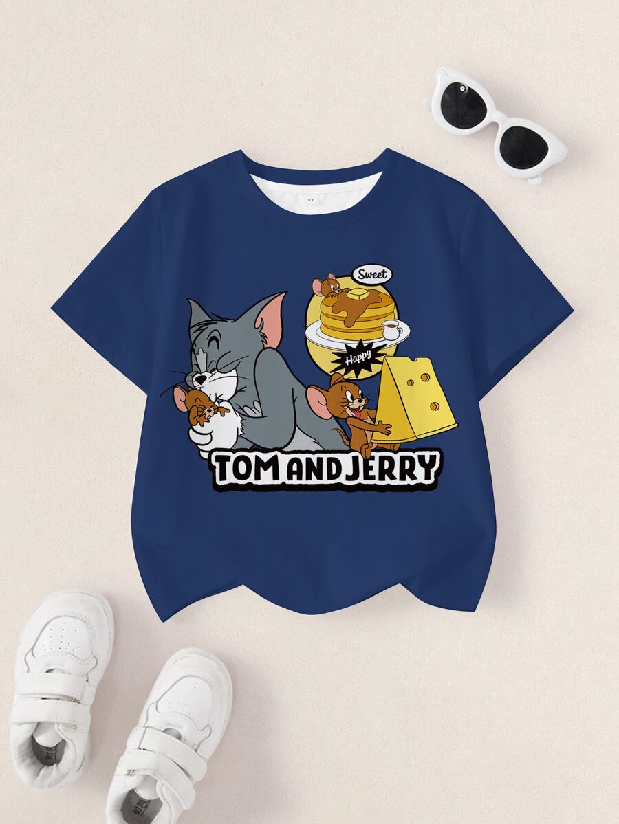 TOM & JERRY X SHEIN Young Boy Letter Cartoon Print Casual Daily Short Sleeve T-Shirt - White - View 1