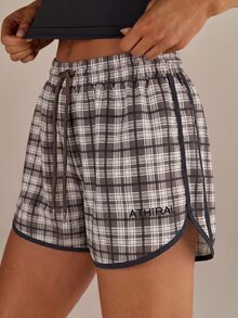 Athîral 女款休閒彈性腰格紋印花運動短褲，四季通用跑步健身運動服 - 咖啡棕 - 查看 7