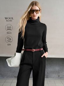 MOTF PREMIUM WOMEN'S SOLID COLOR LONG SLEEVE CASUAL VERSATILE TURTLENECK SWEATER - Black - View 4