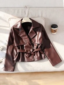 SHEIN 青少年女孩純色腰部綁帶休閒百搭長袖夾克 - 棕色 - 查看 1