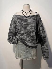 SHEIN EZwear 女款休閒衛衣，迷彩印花，露肩衛衣，女款秋冬服飾，街頭風，適合日常通勤、約會、派對、秋冬、夏季、聖誕節、新年、感恩節、派對、婚禮、海灘、畢業典禮，優雅、休閒、外出 - 彩色 - 查看 2