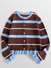 Maija Kids Maija Kids Tween Girl Striped Ruffle Hem Single-Breasted Knit Cardigan Autumn Kids - Multicolor - View 3
