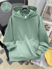 SHEIN Teens Boys' Casual Loose Comfortable Versatile Solid Color All-Match Hoodie Autumn Winter Clothes - Green - View 3