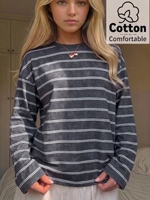 SHEIN 青少年女孩長袖巧克力條紋上衣，秋季襯衫，適合日常通勤、聚會、秋冬春夏、聖誕節、新年、感恩節、派對、婚禮、海灘、畢業典禮、優雅、外出、約會、通勤、情人節、優雅、度假、Y2K、畢業典禮及其他場合 - 彩色 - 查看 1