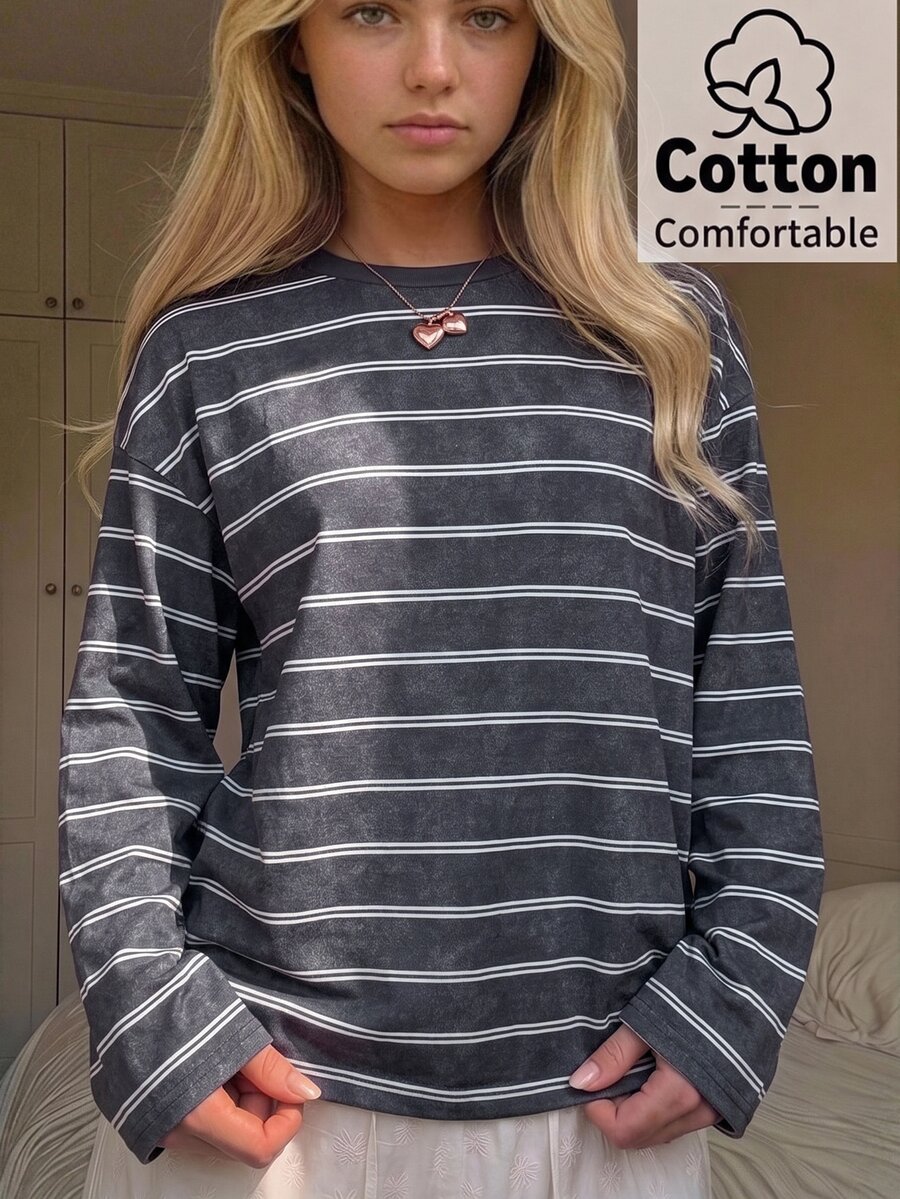 SHEIN 青少年女孩長袖巧克力條紋上衣,秋季襯衫,適合日常通勤、聚會、秋冬春夏、聖誕節、新年、感恩節、派對、婚禮、海灘、畢業典禮、優雅、外出、約會、通勤、情人節、優雅、度假、Y2K、畢業典禮及其他場合 - 彩色 - 查看 1