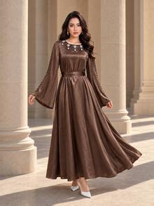 Graceveil Elegant Brown Textured Satin Long Sleeve Round Neck Tie-Front Arabian Dress, Embellished With Rhinestones At Neckline, Women's Luxury Robe - Brown - View 1