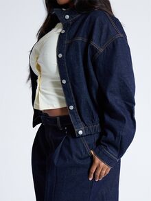 MUSERA Plus Size Blue Denim Funnel Neck Balloon Sleeve Jacket Fall Autumn Winter Women Outfit Day Outfit Casual - Blue - View 5