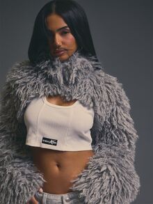 MUSERA Grey Faux Fur Frill Detail Extreme Crop Top Jacket Outfits Evening Fall Autumn Winter Halloween Party Going Out Concert Rave Disco Graphic Camo Sexy - Grey - View 5