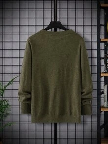 Manfinity Homme 男士休閒純色圓領毛衣，秋冬長袖上衣 - 軍綠色 - 查看 2