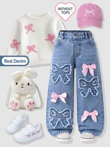 Genkimix Kids Celana Jeans Denim Bordir Aplikasi Kupu-kupu Lucu untuk Anak Perempuan, Desain Pita Busur Merah Muda, Celana Panjang Lurus Warna Biru Muda, Pakaian Gaya Manis Y2K untuk Anak-anak - Medium Wash - View 1