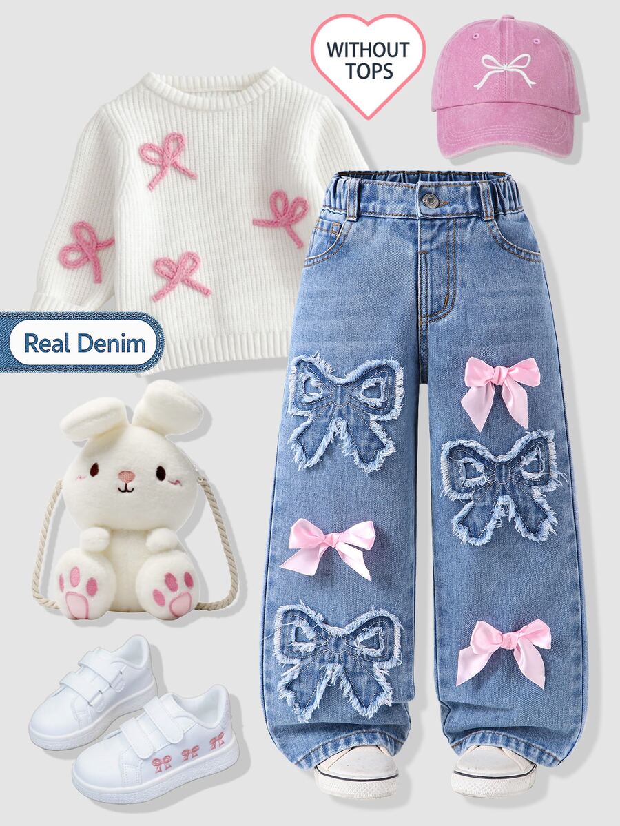 Genkimix Kids Celana Jeans Denim Bordir Aplikasi Kupu-kupu Lucu untuk Anak Perempuan, Desain Pita Busur Merah Muda, Celana Panjang Lurus Warna Biru Muda, Pakaian Gaya Manis Y2K untuk Anak-anak - Medium Wash - View 1