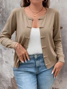 SHEIN LUNE CURVE 大尺碼女款純色休閒百搭日常開襟衫 - 駝色 - 查看 5