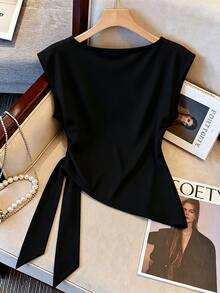 Resyla Asymmetrical Hem Round Neck Fitted Top With Attached Sleeves - Black - View 2