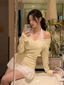 DAZY 女款溫柔風百搭長袖針織衫，優雅日常穿搭秋季款 - 黃色 - 查看 2