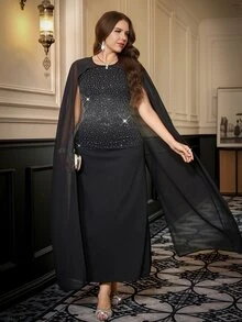 Reflora Plus Size Autumn/Winter Rhinestone Shawl Collar Party Evening Dress Long Party Dress Luxury Evening Birthday Glitter Dress Fall - Black - View 6
