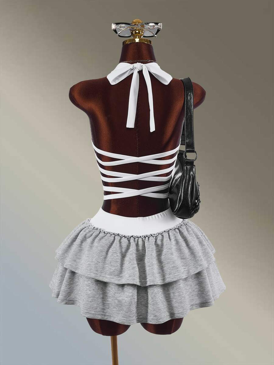 Amplova Women's White Halter Neck Tank Top + Short Cake Skirt Shorts Sports Set - White - View 1