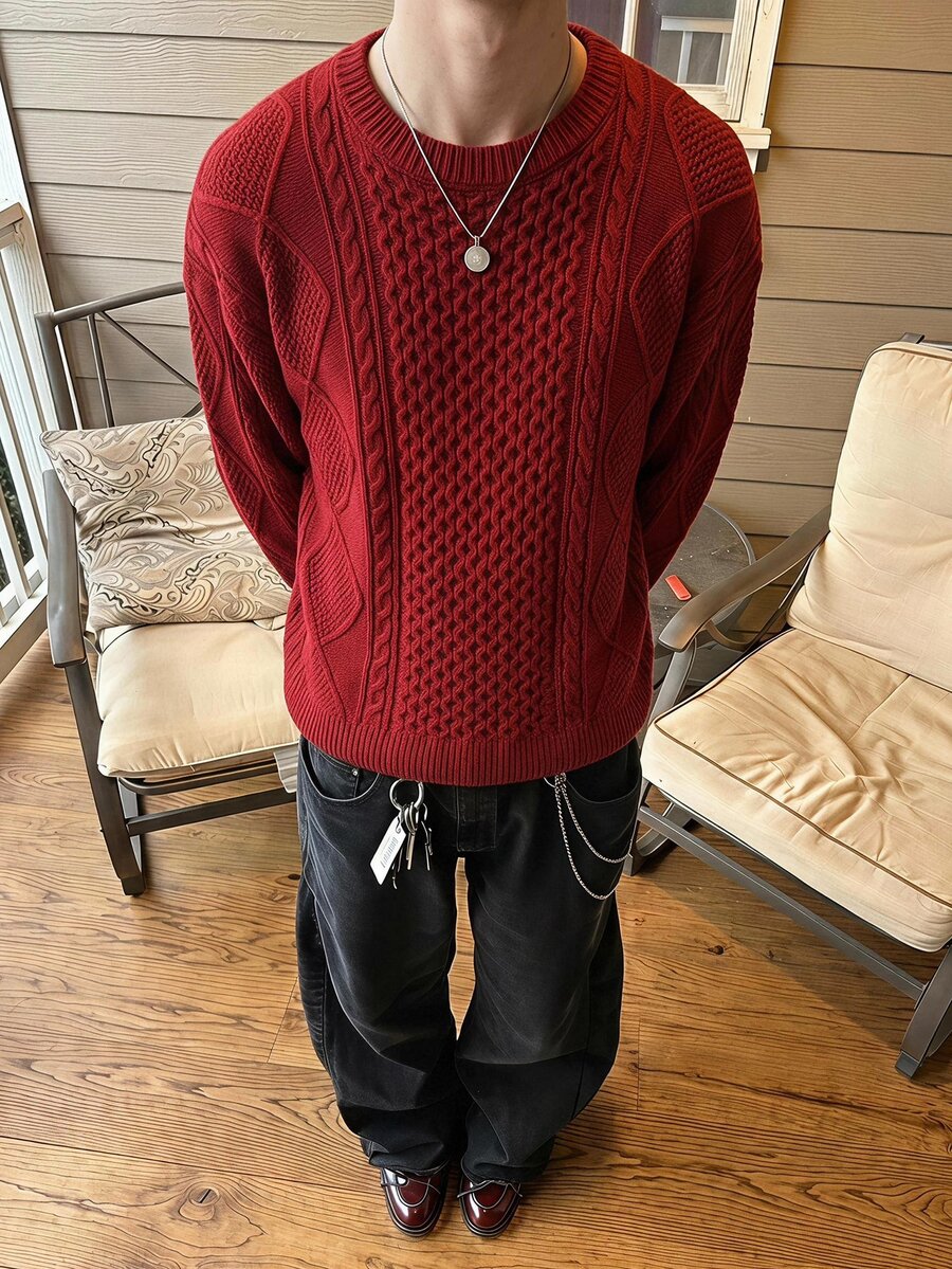 SWAVVY Men's Long Sleeve Crew Neck Ribbed Sweater, Comfortable And Versatile - Red - View 1