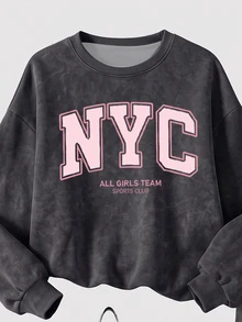 街頭風雪花深灰色，時尚運動撞色粉色字母 NYC 圖案印花，女款青少年休閒柔軟舒適寬鬆圓領套頭衛衣與寬腿褲套裝，適合秋冬日常、運動、街頭、放鬆、校園時尚、舒適氛圍 - 彩色 - 查看 4