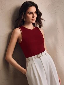 Anewsta Essential 現代新款夏季鉚釘裝飾極簡時尚圓領背心上衣 通勤度假穿搭 - 紅色 - 查看 6