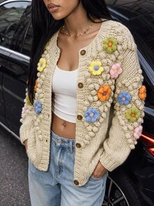 BamGleam Autumn/Winter Fashion Hand-Knitted Front Floral Applique Long Sleeve Cardigan Sweater - Khaki - View 4
