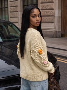 BamGleam Autumn/Winter Fashion Hand-Knitted Front Floral Applique Long Sleeve Cardigan Sweater - Khaki - View 2