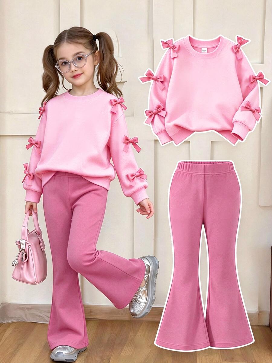 SHEIN 2件組女童甜酷風3D蝴蝶結裝飾白色上衣+黑色喇叭褲套裝,黑色上衣飾有多個粉色蝴蝶結,洋紅色喇叭褲時尚剪裁,整體風格偏向甜酷融合可愛與時尚,適合返校、外出、街頭穿搭 - 彩色 - 查看 1