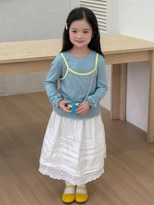 Dazy Kids Young Girl) Round Neck Design 2 In 1 Tank Top Patchwork Casual Contrast Color Inner Layer Autumn T-Shirt - Blue - View 9