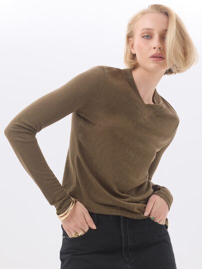 KÆRIA Hus V Neck Side Split Long Sleeve Top - Slub Lyocell Drape - Olive Brown - Layering, Modern, Minimalist
