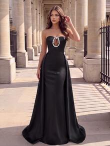 Poshira Women's Rhinestone Decor Cutout Design Elegant Strapless Cocktail Dress - Black - View 3