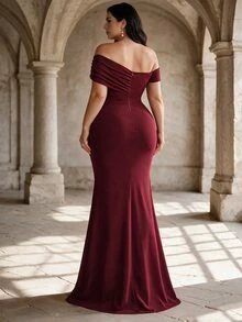 Coutiva Plus Size Women's Elegant Off-Shoulder Cinched Waist Formal Evening Dress - Burgundy - View 6