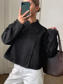 DAZY Women's Autumn Stand Collar Frog Button Long Sleeve Loose Solid Color Denim Fabric Dark Blue Contrast Stitching Chinese Style Denim Short Jacket - Black - View 3