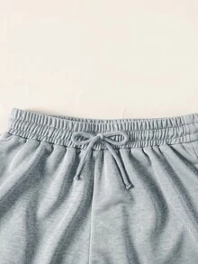 SHEIN Serisse Kids 青少年女孩針織春夏新款時尚休閒簡約棕色T恤配繫帶寬鬆長褲2件套，日常百搭度假款 - 灰色 - 查看 4