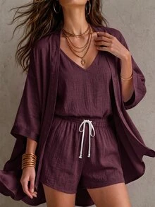Solivie 3 Pieces Linen Women's Solid Color Camisole Top, Shorts And Robe Casual Everyday Set - Burgundy - View 4