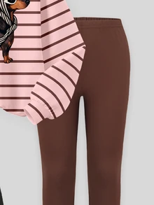 (1 Set) Tween Girls Autumn/Winter Fashion Leopard Print Headband, Puppy Pink & Brown Striped Crew Neck Sweatshirt With Leggings - Multicolor - View 5