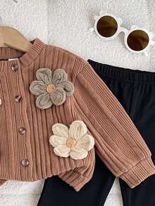 SHEIN Baby Girl 3D Floral Decor Long Sleeve Single-Breasted Jacket And Flare Pants Casual Set - Brown - View 3