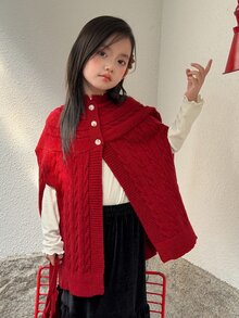 Dazy Kids (Tween Girl) 寬鬆粗繩編織可愛披肩式開襟毛衣，秋冬款 - 酒紅色 - 查看 6